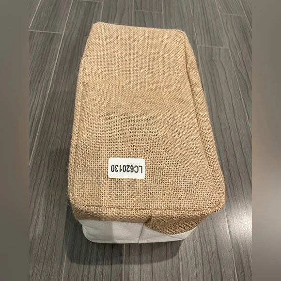 White and Tan Canvas Gift Tote with faux Brown Leather Handles - Picture 4 of 7